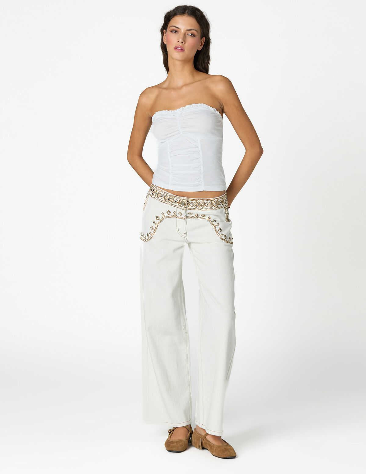 CAL&Ccedil;AS CINTADO BORDADO ECRU