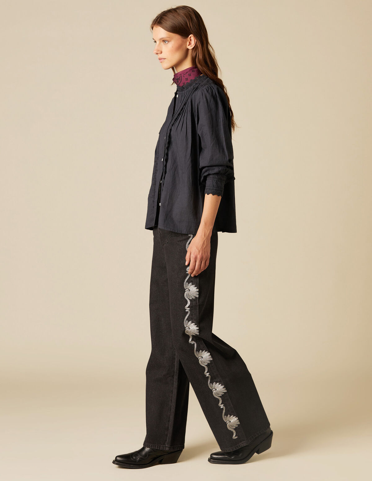 CHEMISE PLIS DENTELLE ANTHRACITE