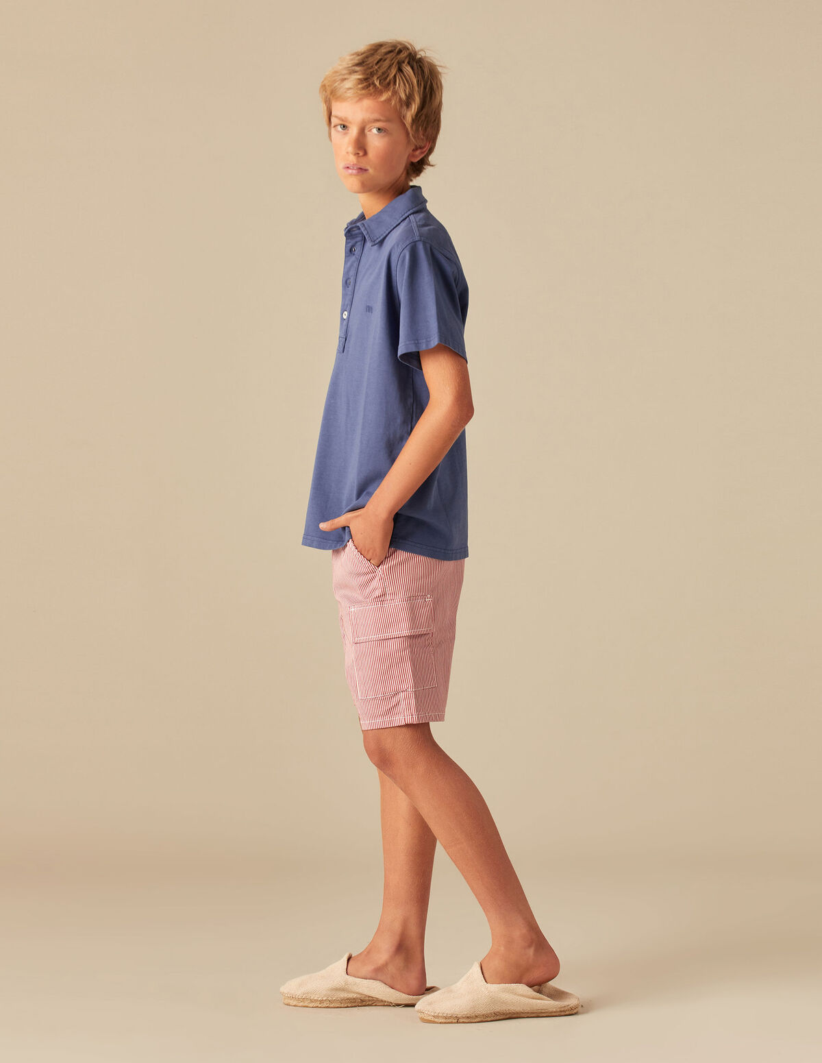 RED STRIPED CARGO BERMUDA SHORTS