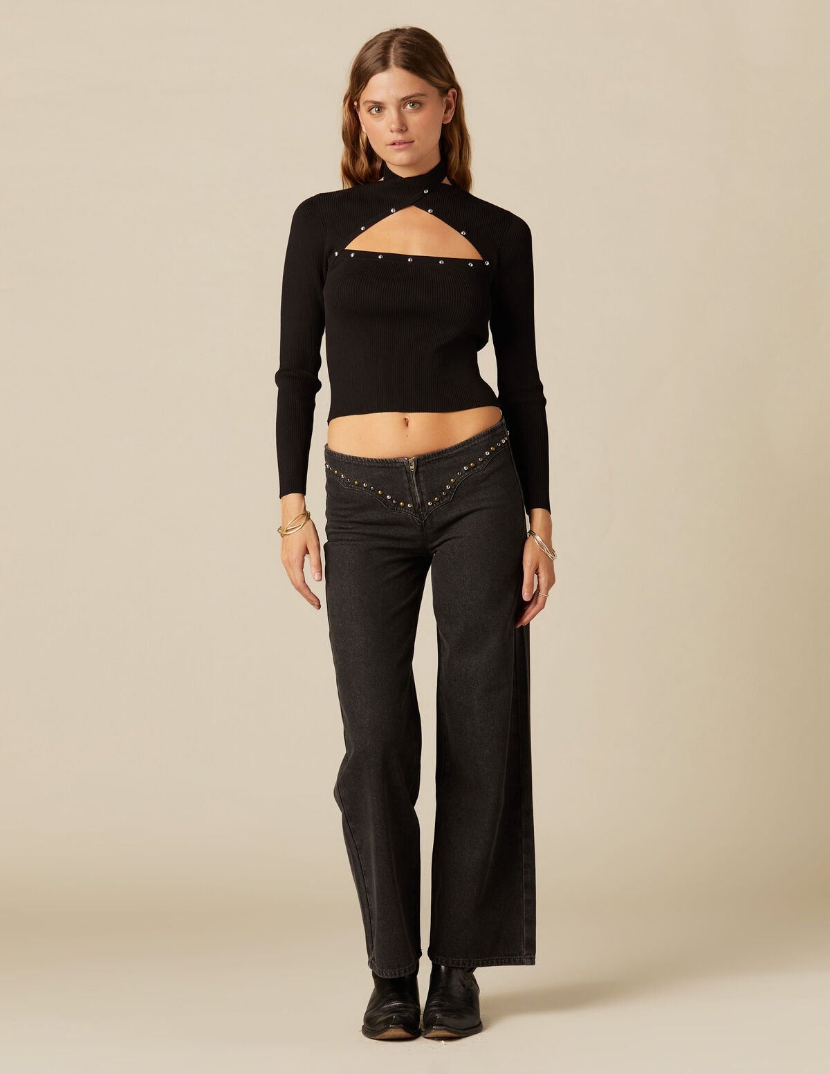 TOP OUVERTURE DÉCOLLETÉ CLOUS BLEU