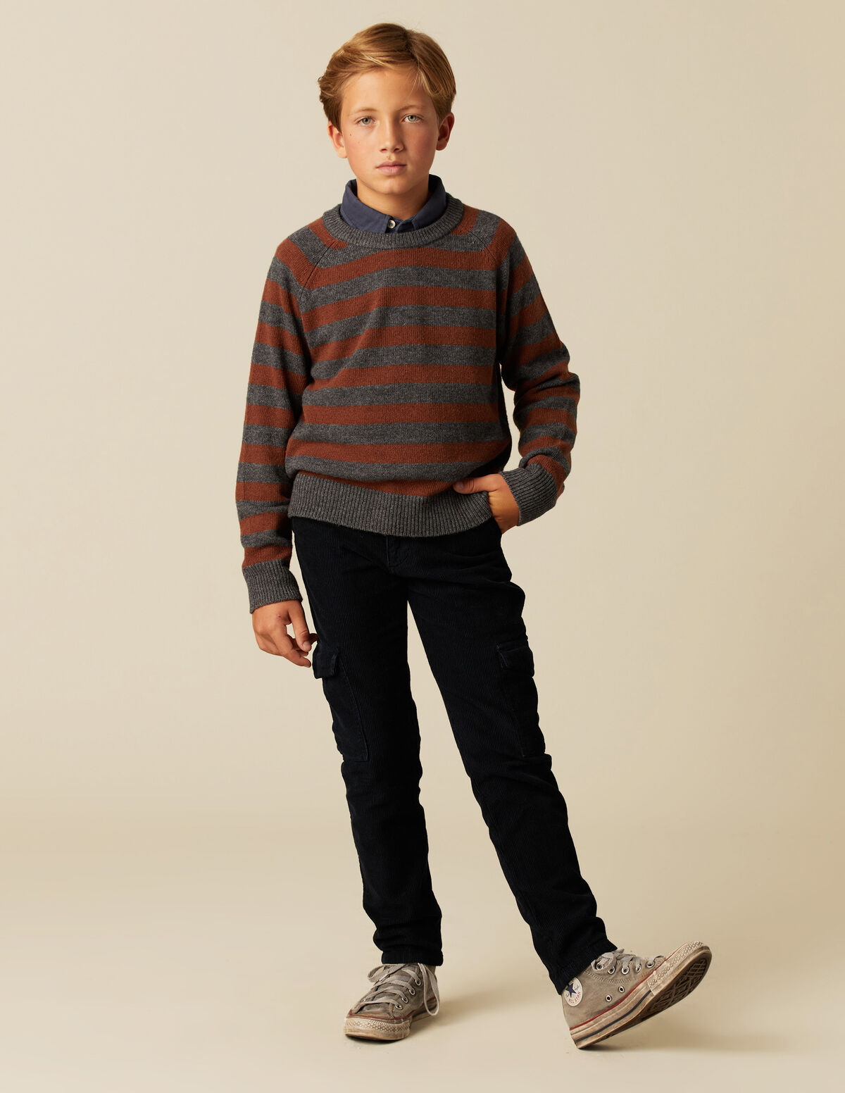 BOYS LONG BLUE CORDUROY CARGO TROUSERS