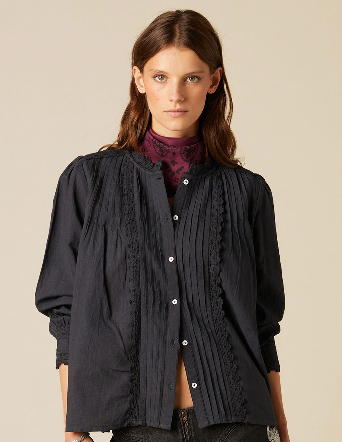 CHEMISE PLIS DENTELLE ANTHRACITE