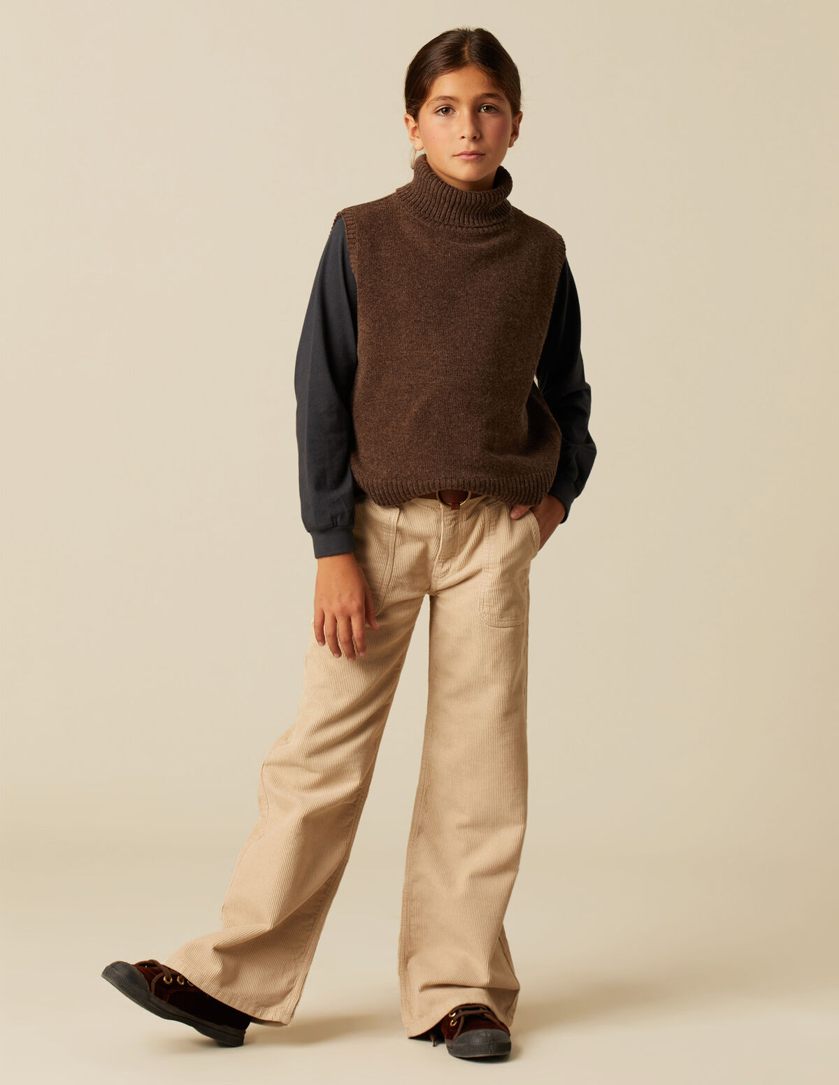 GIRLS SAND CORDUROY WIDE LEG TROUSERS