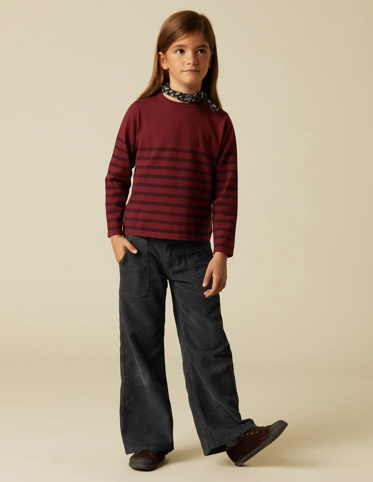 PANTALON FILLE LARGE VELOURS CÔTELÉ SABLE