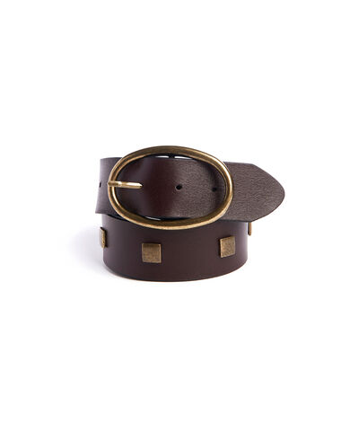 Brown leather square studs belt gold buckle - View all > - Nícoli