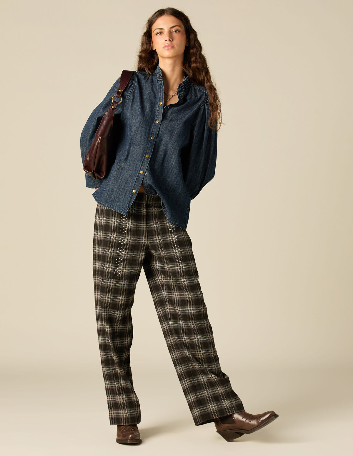 GREY CHECKED STUDDED TROUSERS