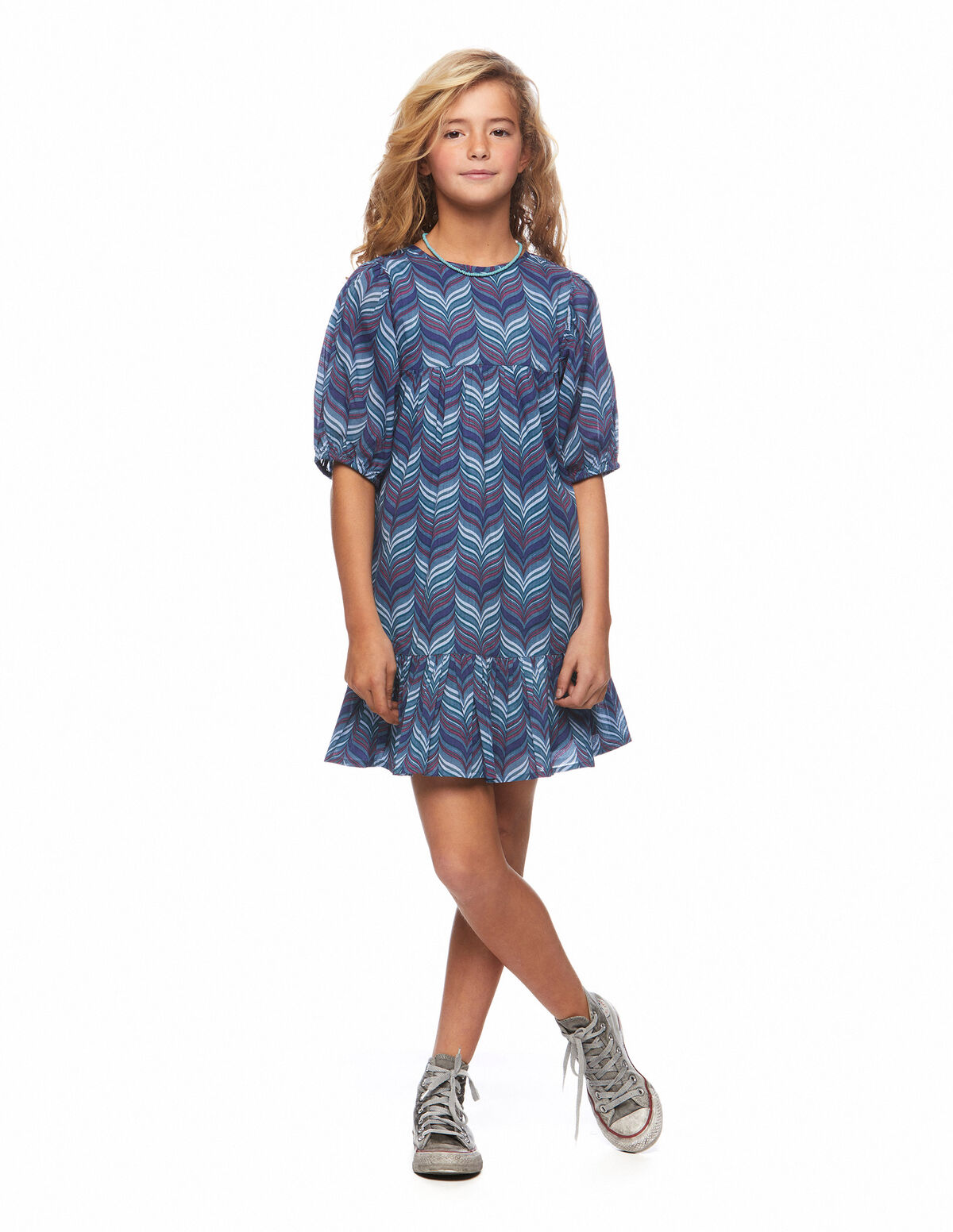 Blue herringbone lantern sleeve dress