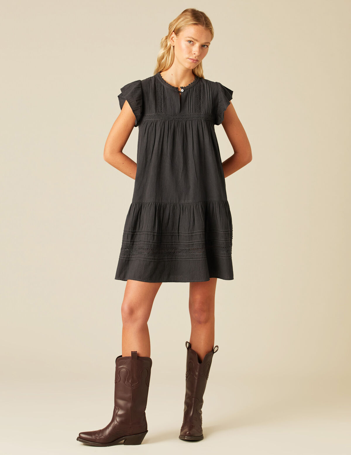 VESTIDO VOLANTE ENCAJES ANTRACITA