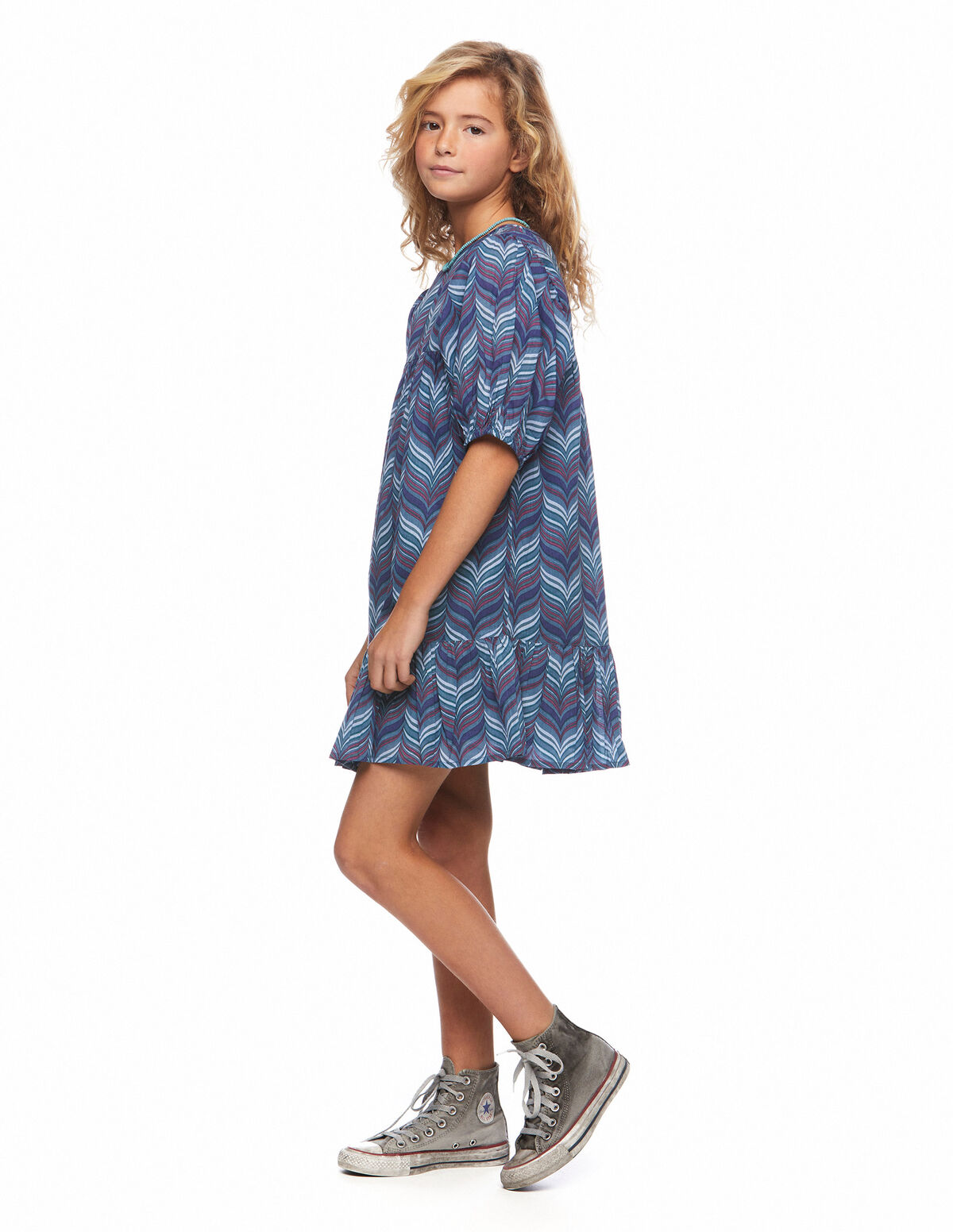 Blue herringbone lantern sleeve dress
