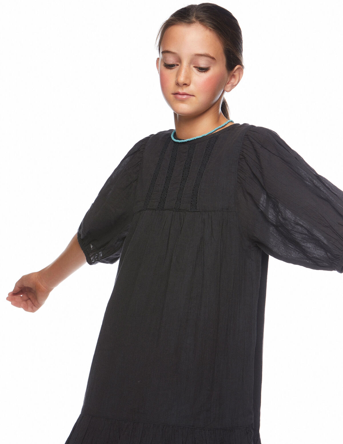 Vestido manga farol encajes antracita