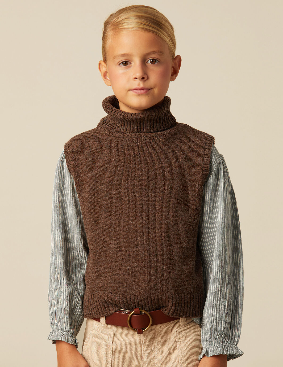 GILET FILLE COL ROULÉ MARRON FONCÉ 