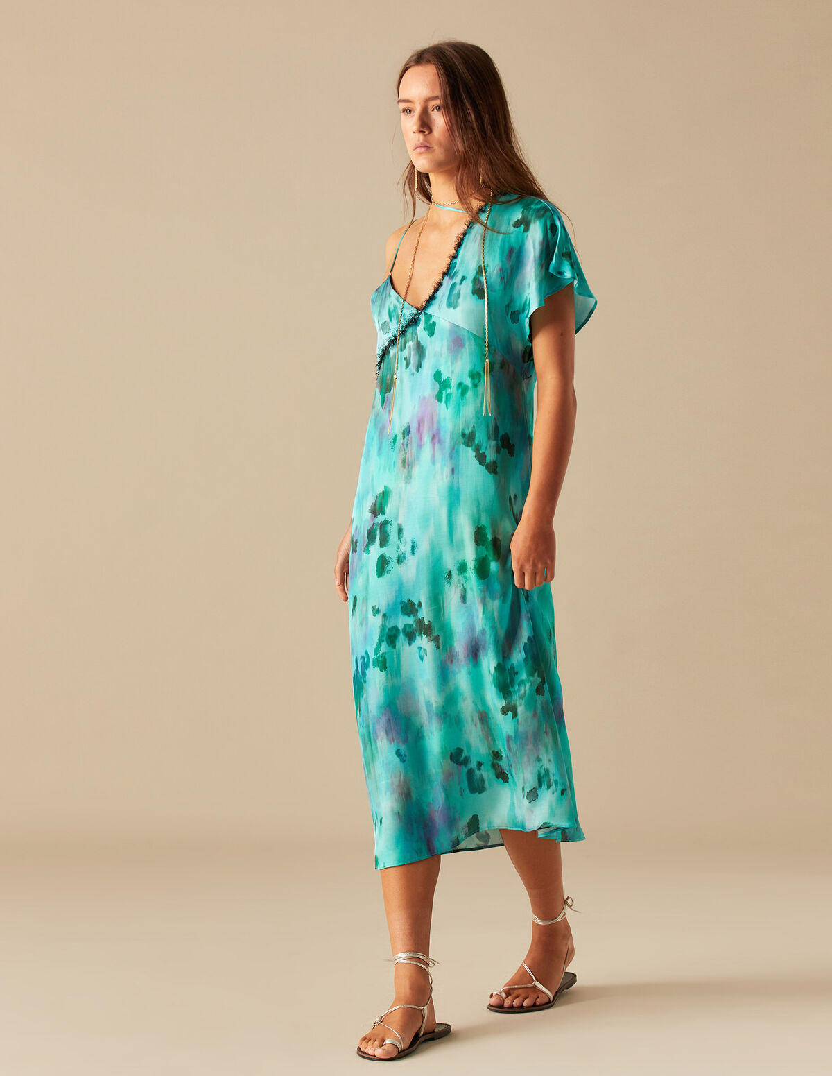 ROBE IMPRIMÉE BLEU BANDE DENTELLE