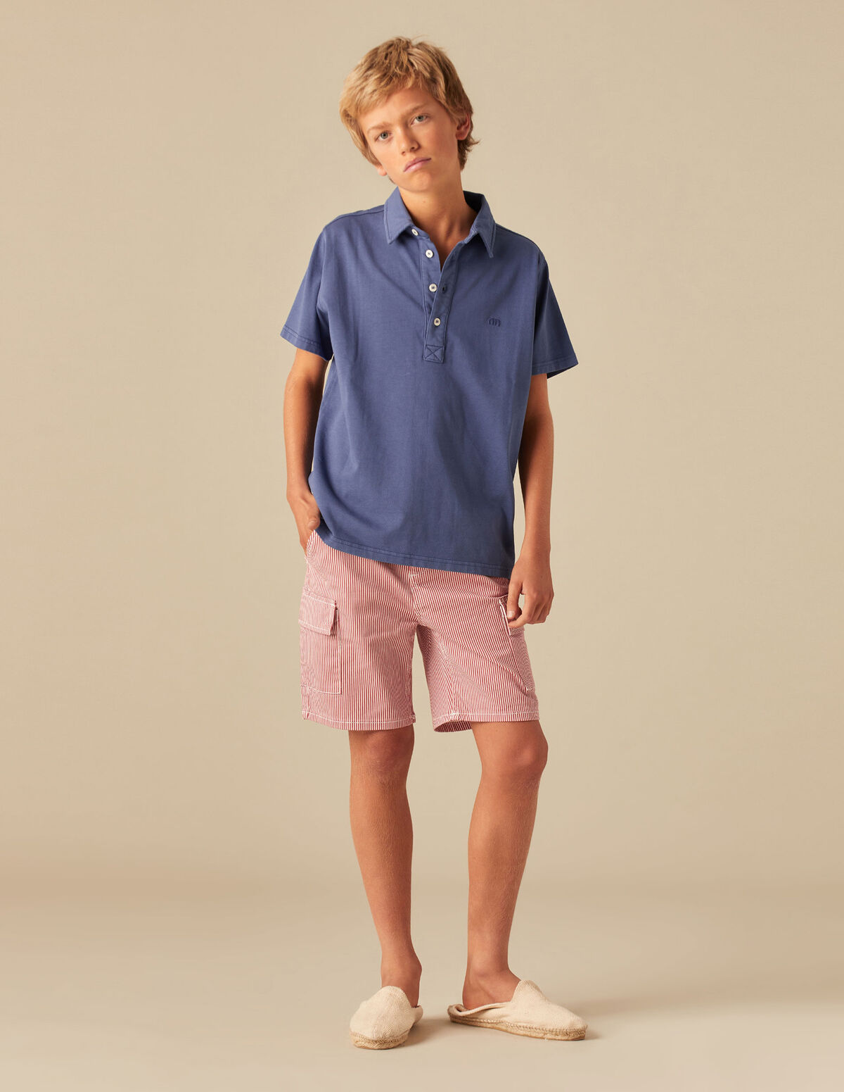 RED STRIPED CARGO BERMUDA SHORTS