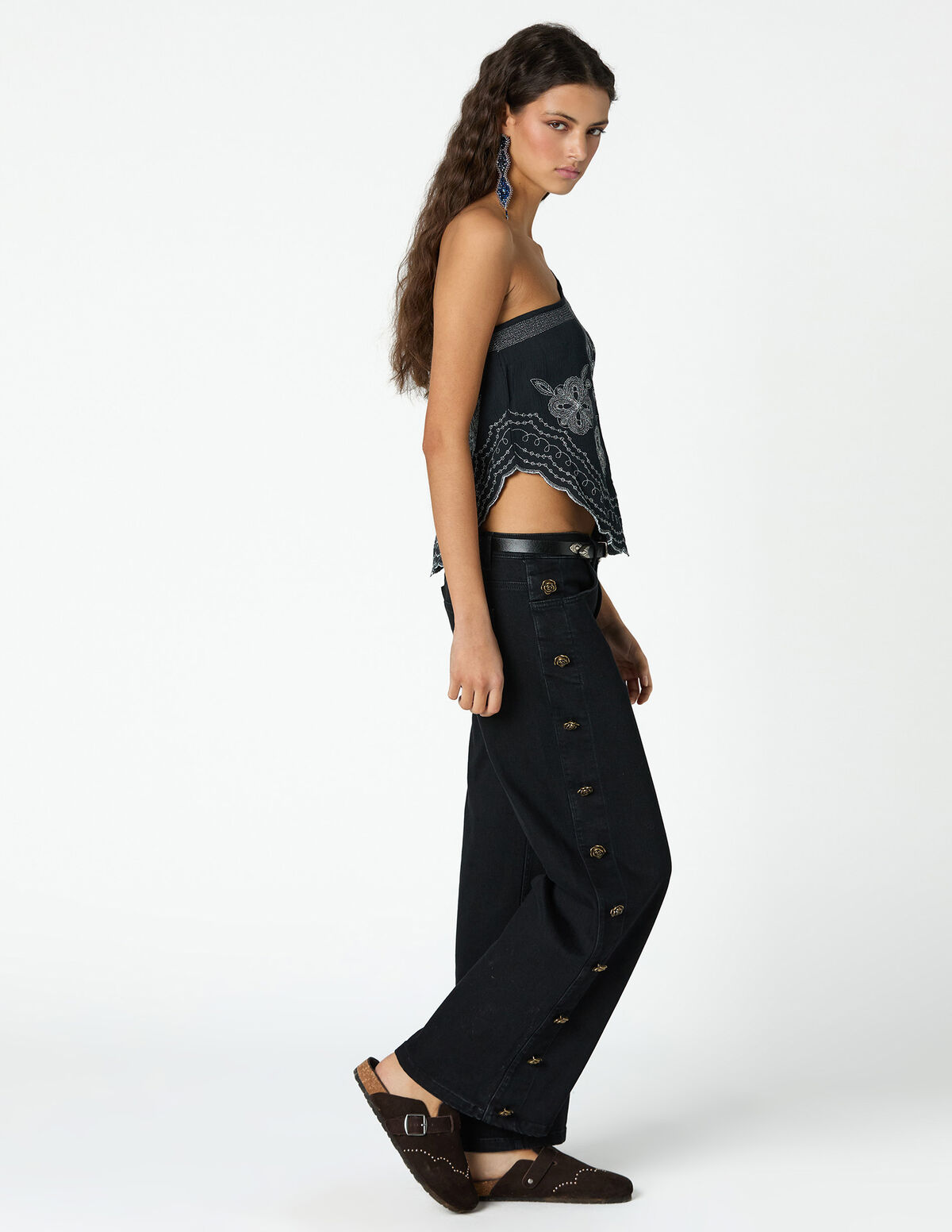 BLACK EMBROIDERED ASYMMETRIC TOP