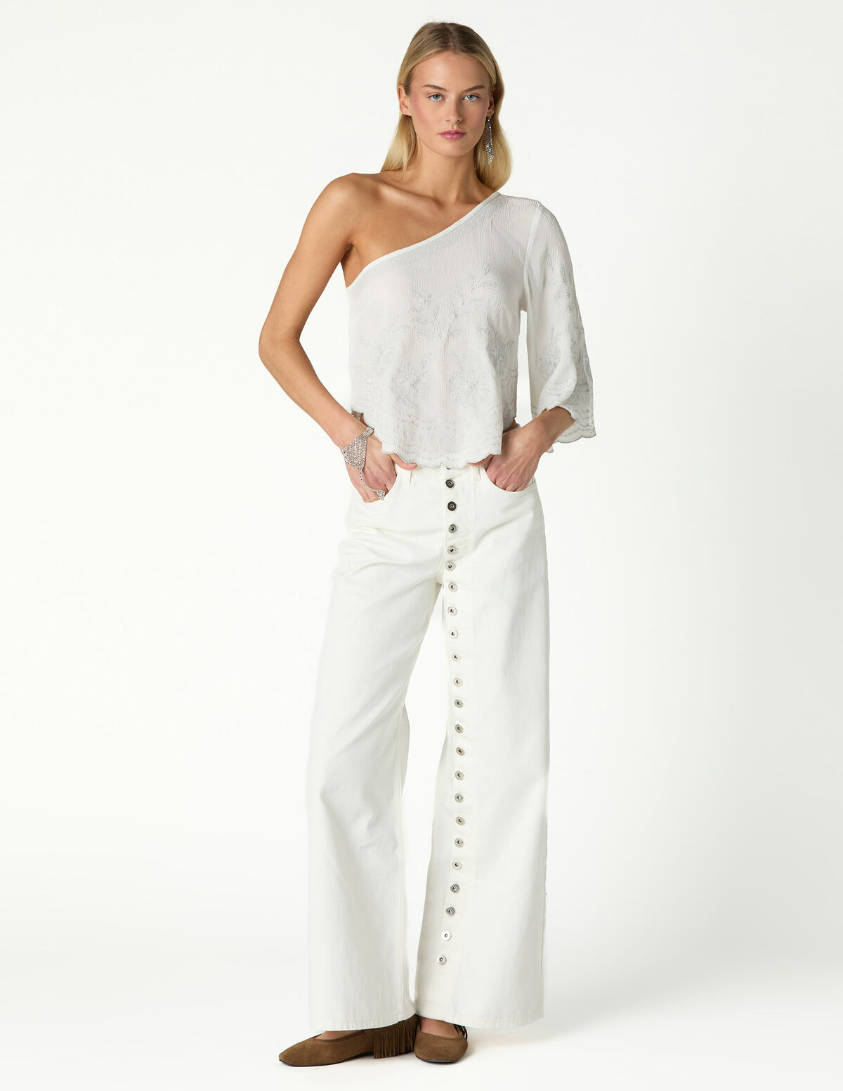 ECRU ASYMMETRIC EMBROIDERED TOP