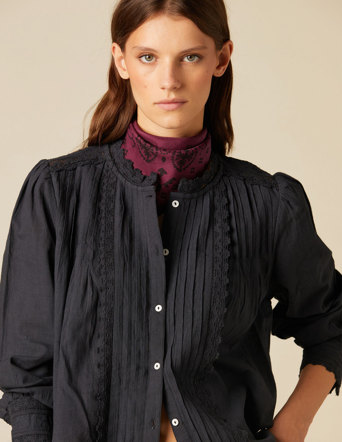 CHEMISE PLIS DENTELLE ANTHRACITE