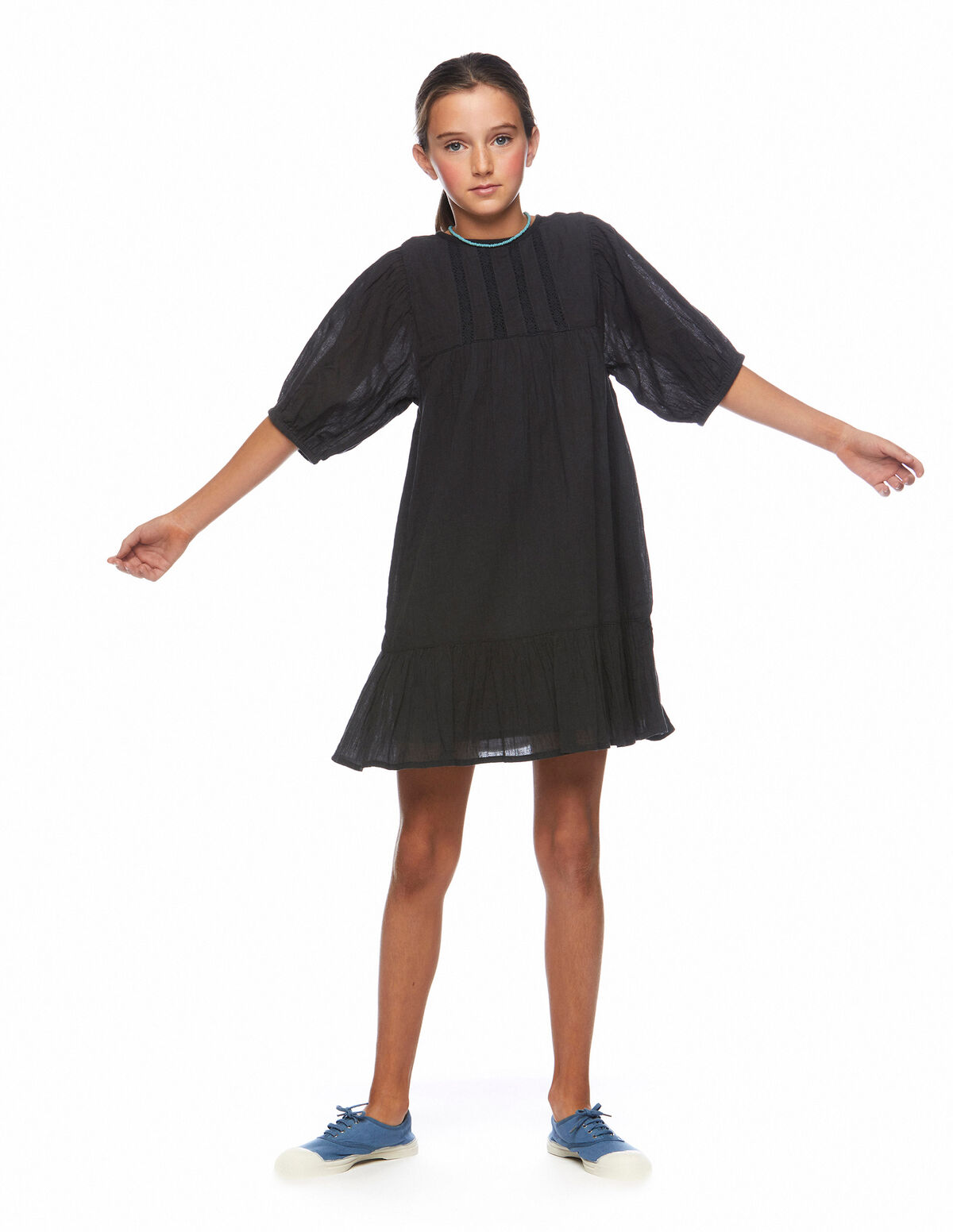 Vestido manga farol encajes antracita