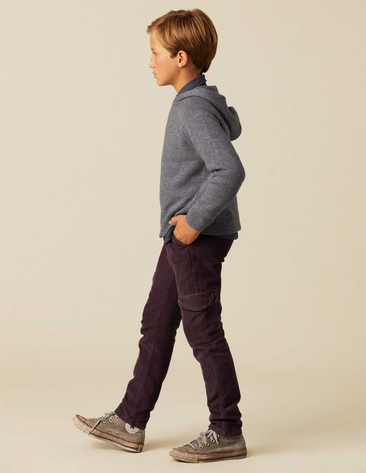 BOYS LONG BLUE CORDUROY CARGO TROUSERS