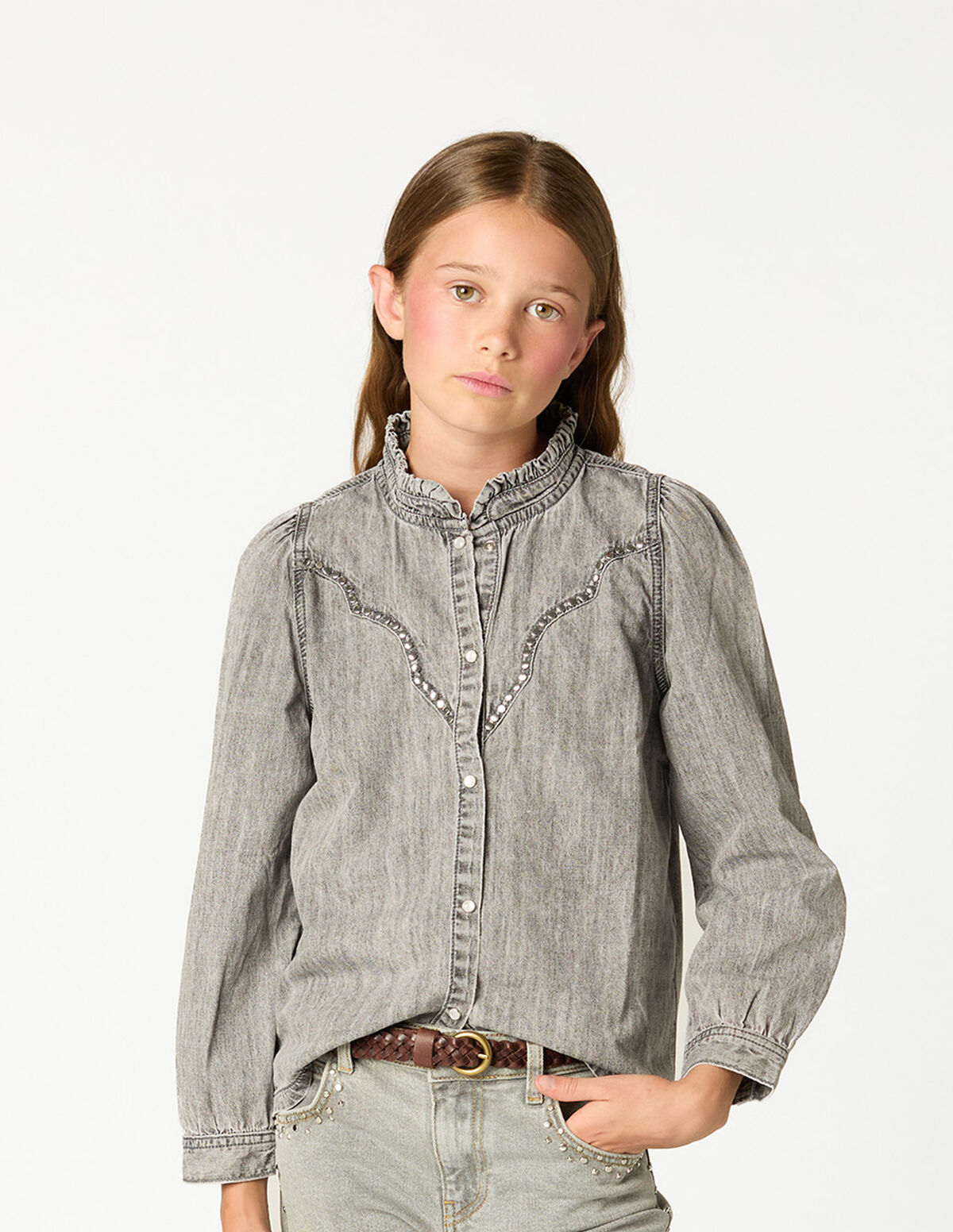 GREY STUDDED DENIM SHIRT