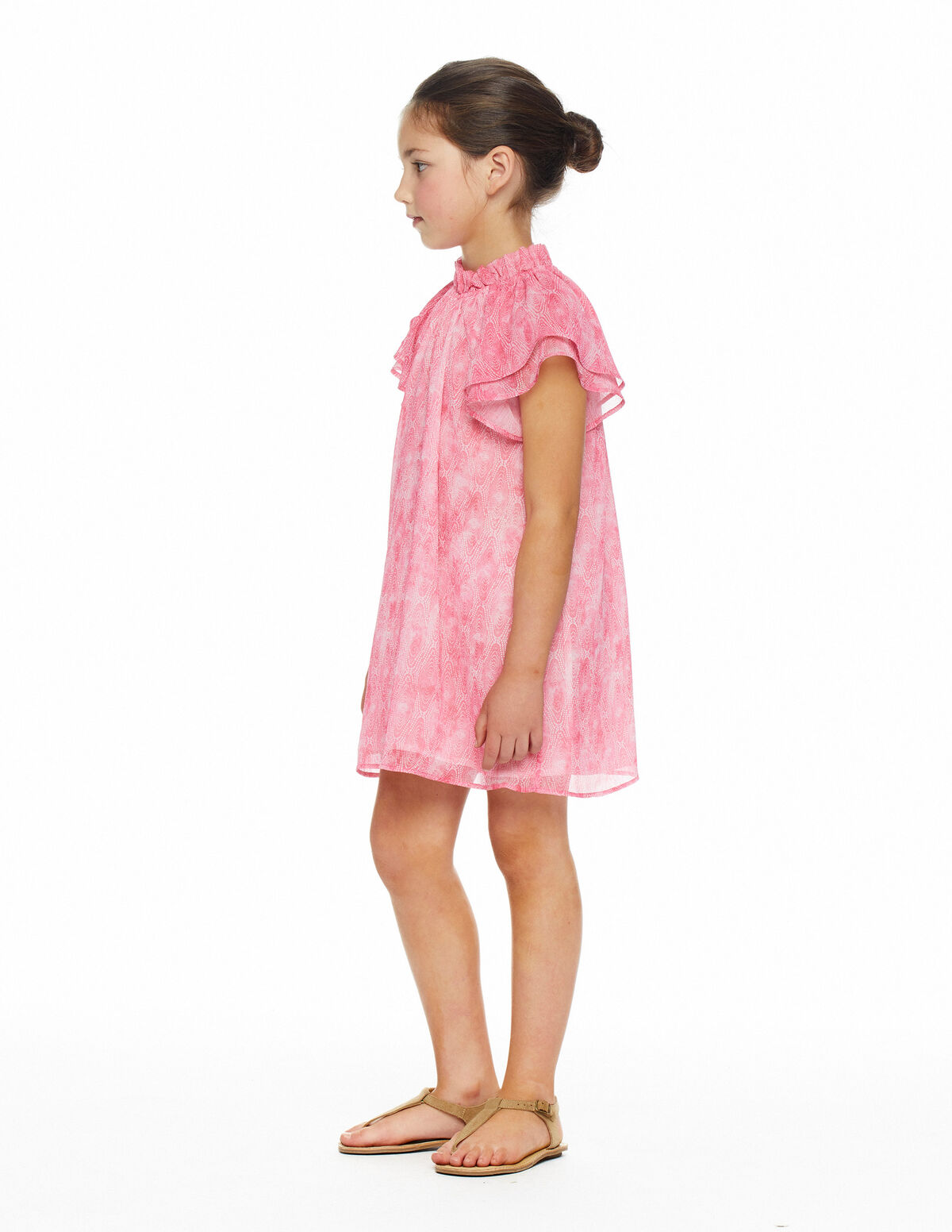 Vestido gasa manga volante print disco rosa