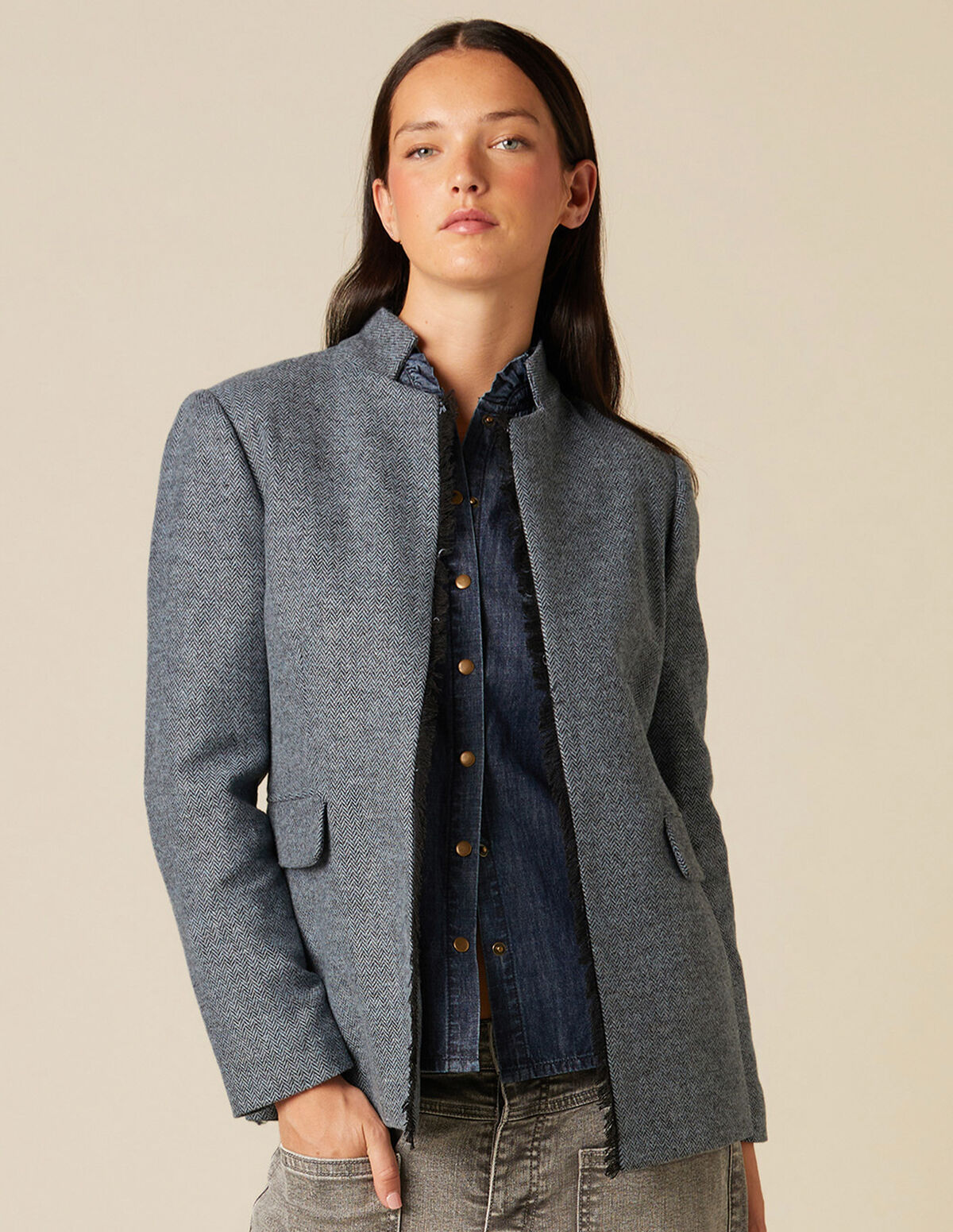 BLUE HERRINGBONE BLAZER