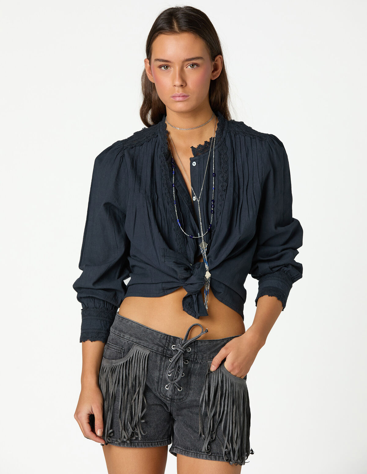 ANTHRACITE FRINGED DENIM SHORTS