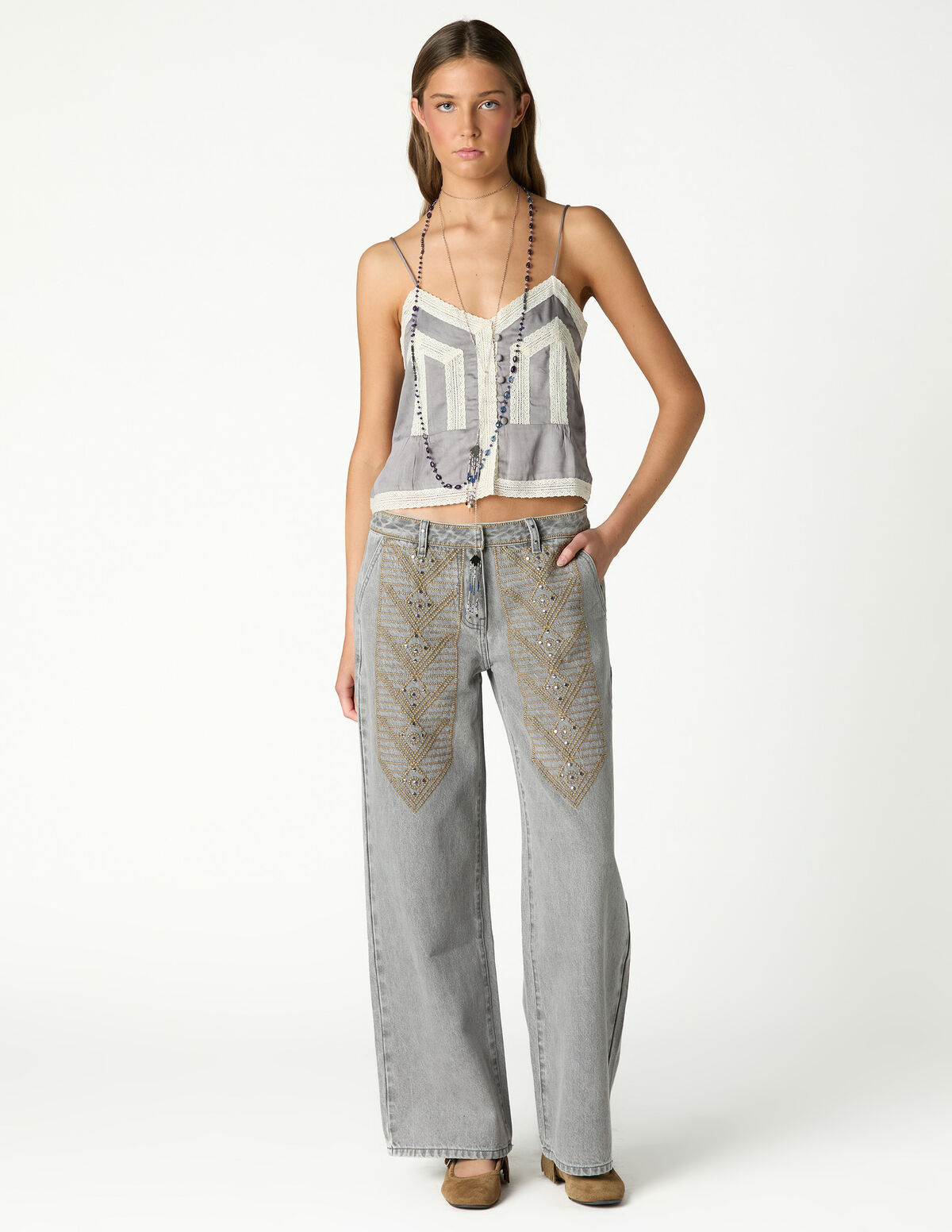 CAL&Ccedil;AS BORDADO DENIM BRANCO