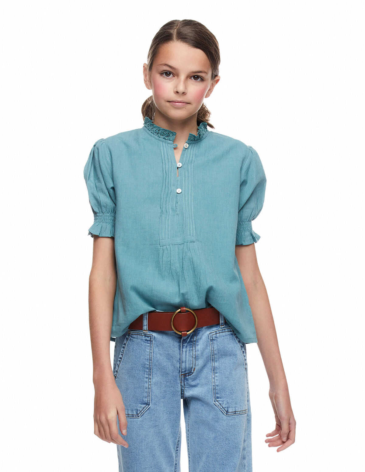 Green mock turtleneck button-up shirt