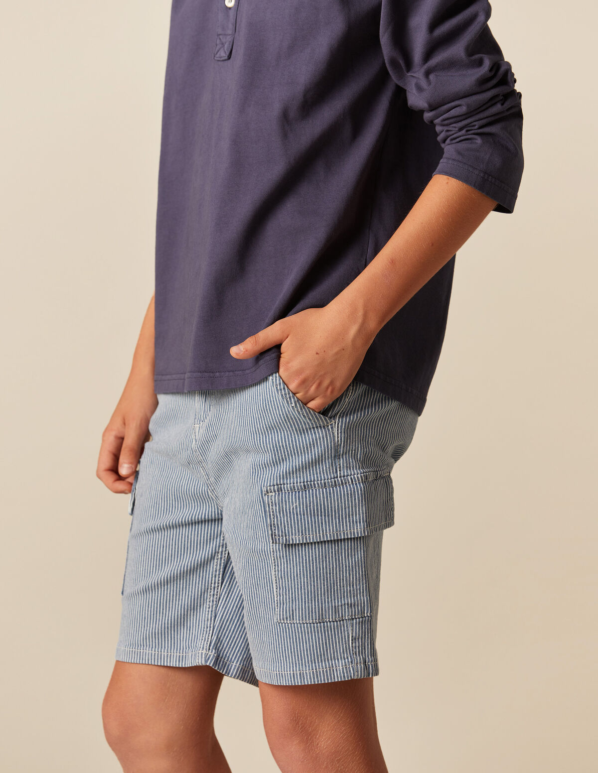 RED STRIPED CARGO BERMUDA SHORTS