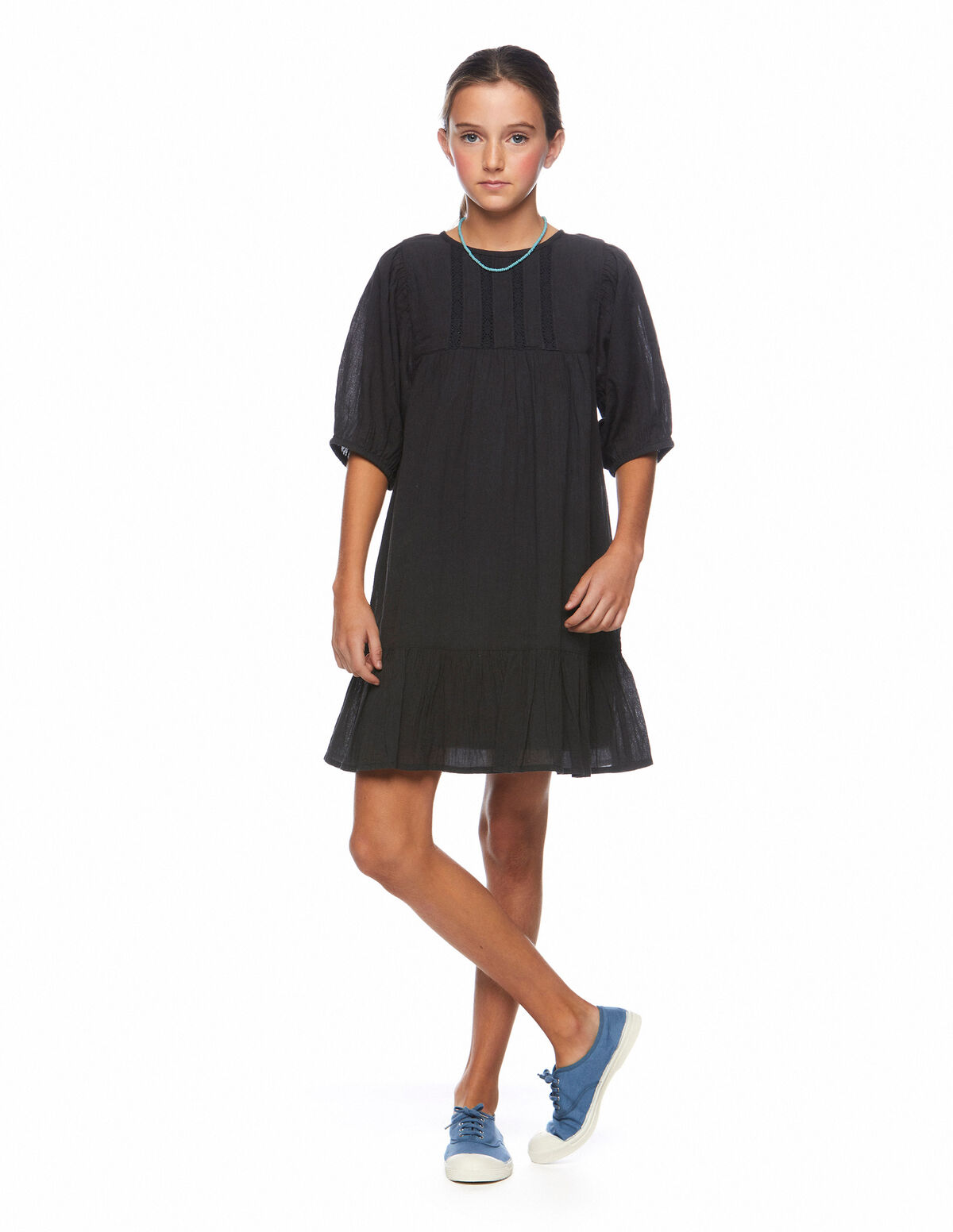 Vestido manga farol encajes antracita