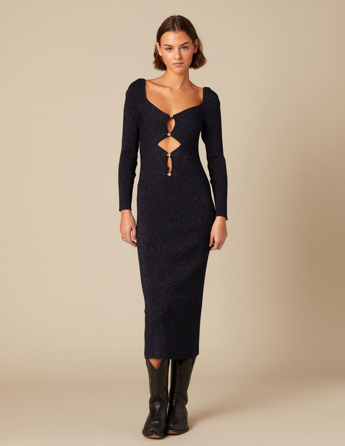 VESTIDO BRILLO AZUL BOTONES FLOR