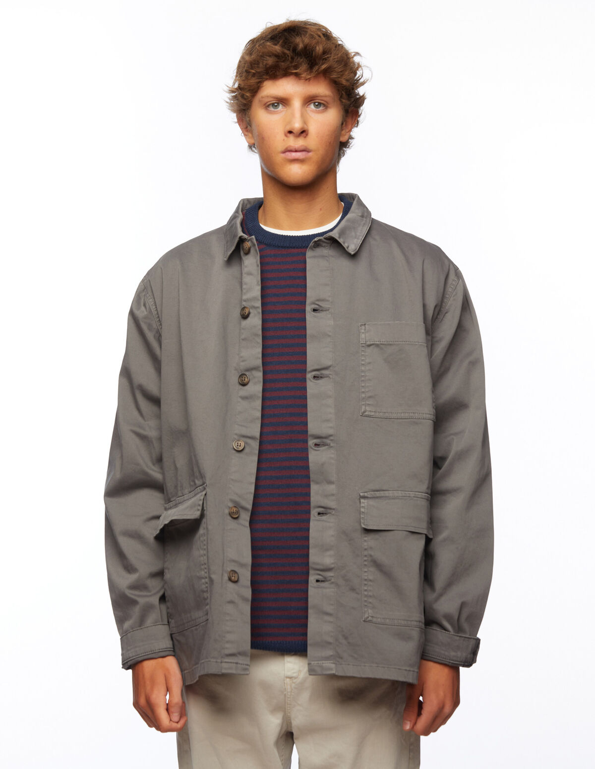 Sand-coloured twill overshirt