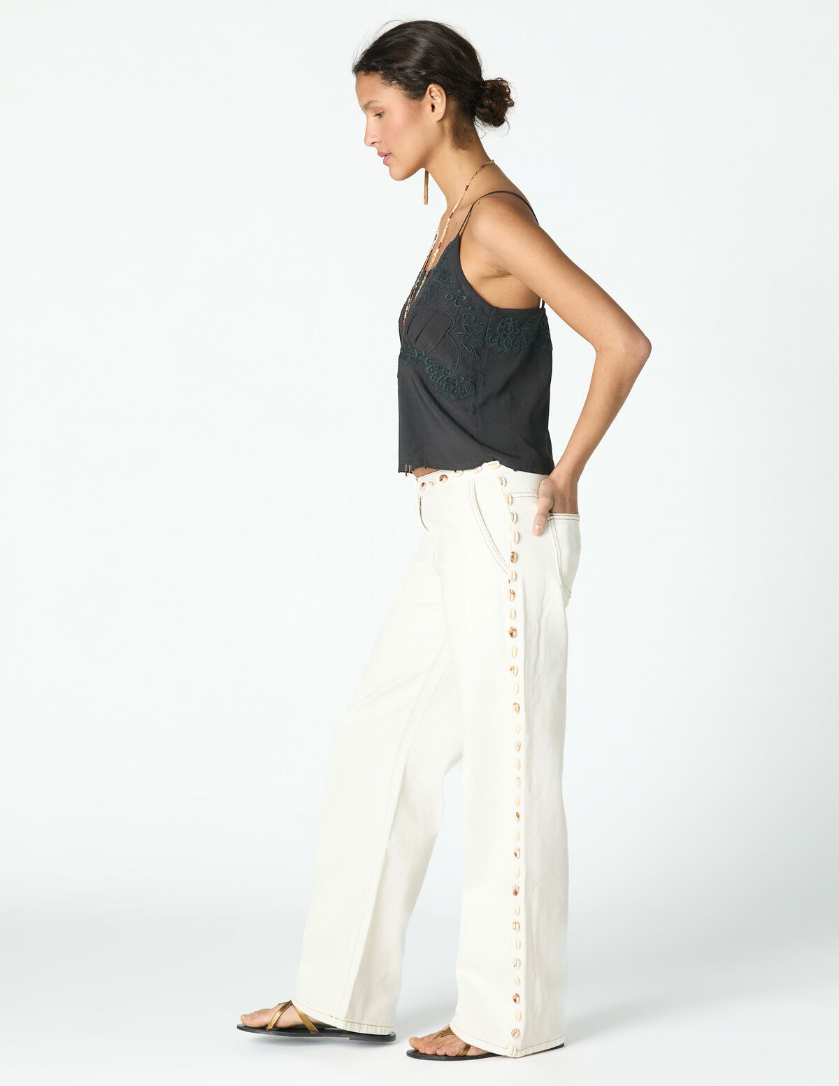 TOP AL&Ccedil;AS LINHO ECRU BORDADO