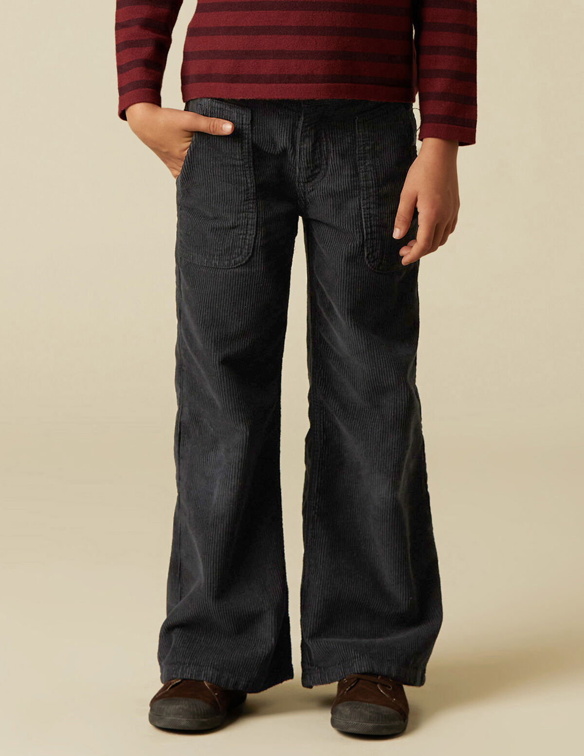 PANTALON FILLE LARGE VELOURS CÔTELÉ SABLE