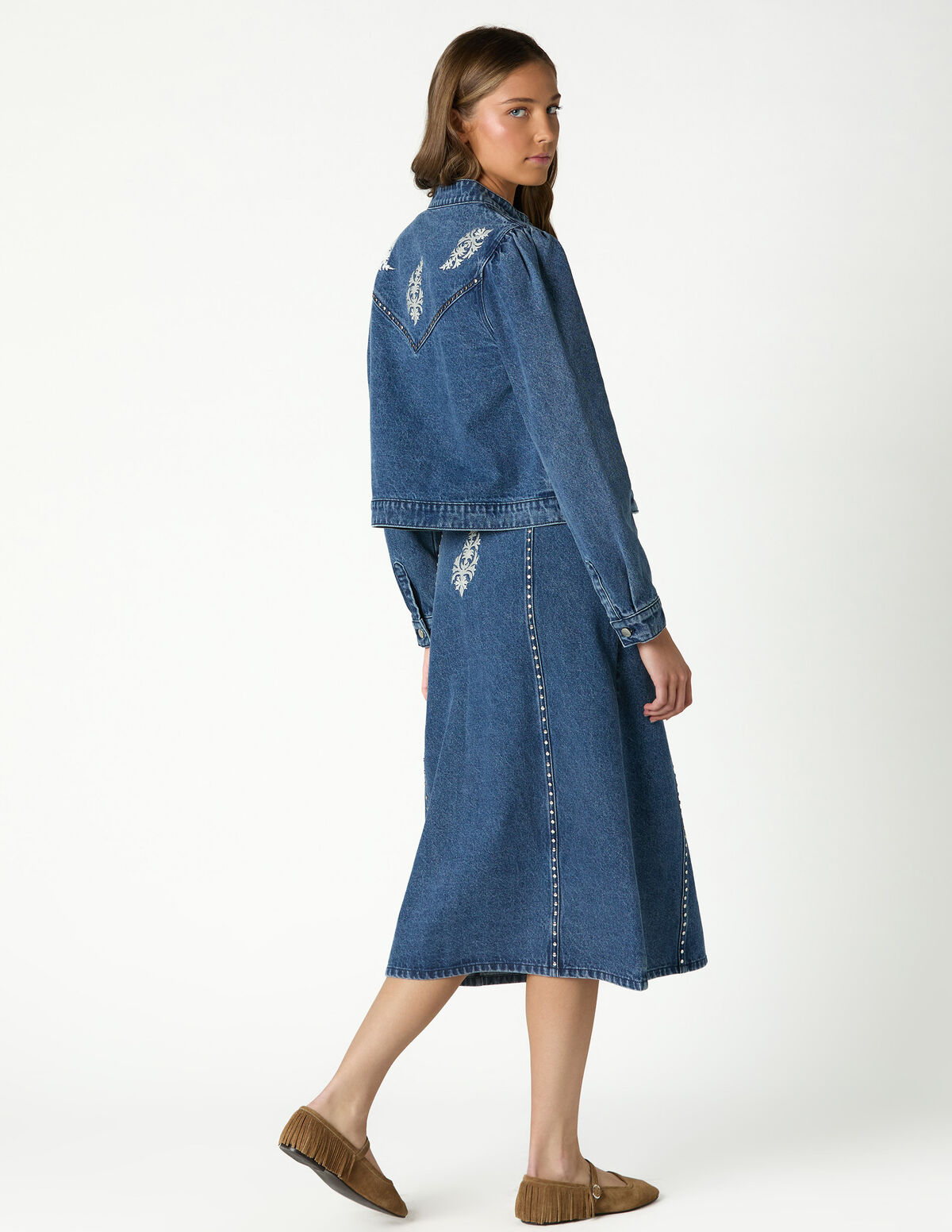 BLUE EMBROIDERED DENIM SKIRT
