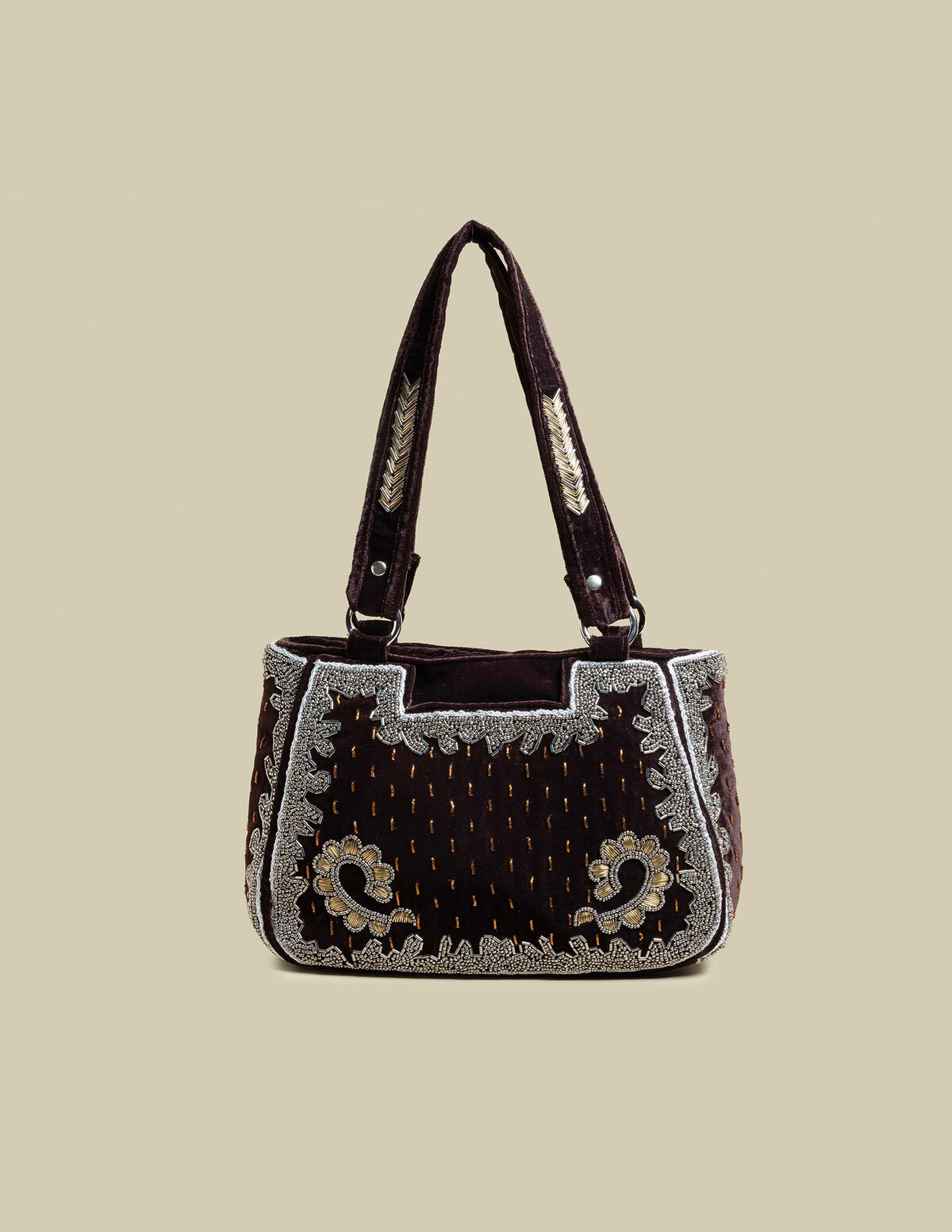 BROWN BEADED VELVET BAG