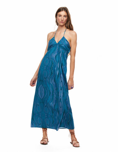 Long blue waves tie V-neck dress - View all > - Nícoli