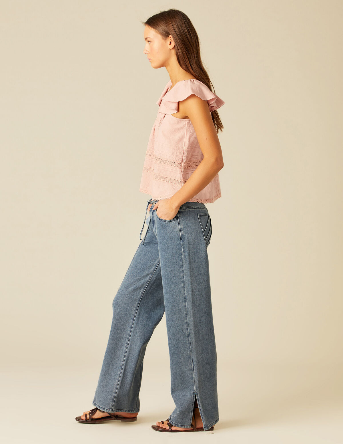 PANTALÓN BOLSILLOS PESPUNTES RAYAS AZUL