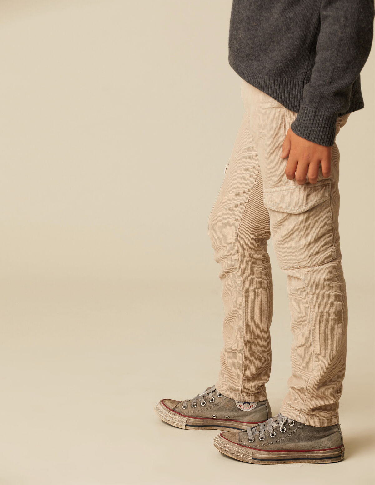 BOYS LONG BLUE CORDUROY CARGO TROUSERS