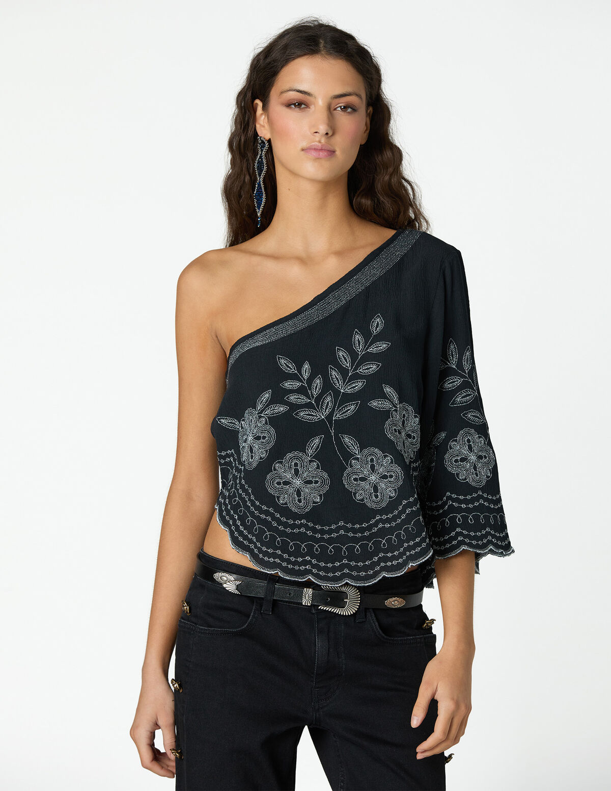 BLACK EMBROIDERED ASYMMETRIC TOP