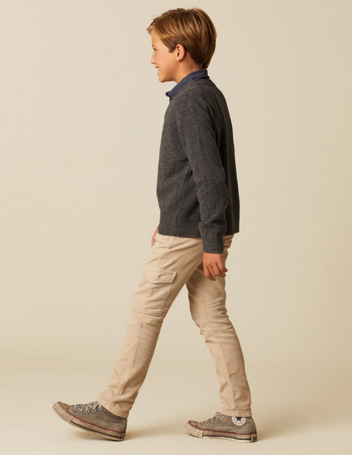 BOYS LONG BLUE CORDUROY CARGO TROUSERS