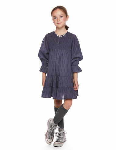 Double stripe cobalt dress with lantern sleeves and button - Dresses - Nícoli