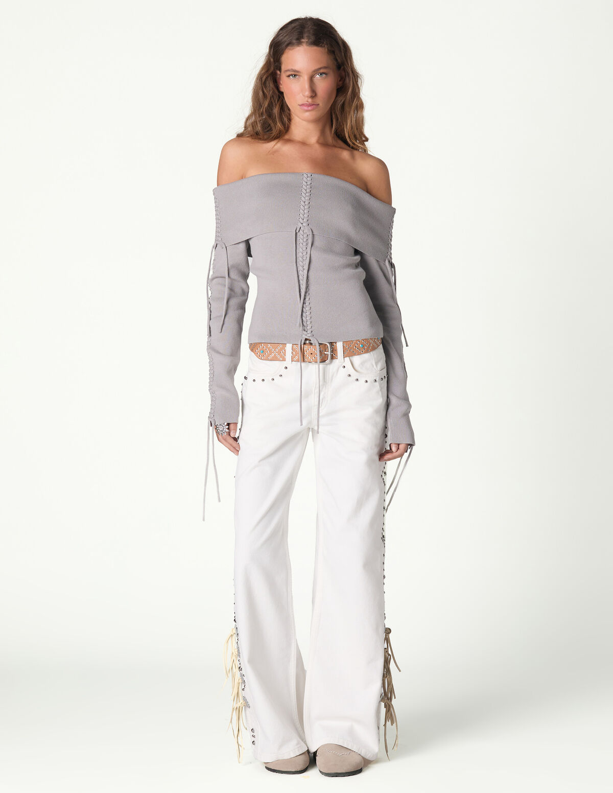 CAL&Ccedil;AS TACHAS COWBOY BEGE/CONTRASTE