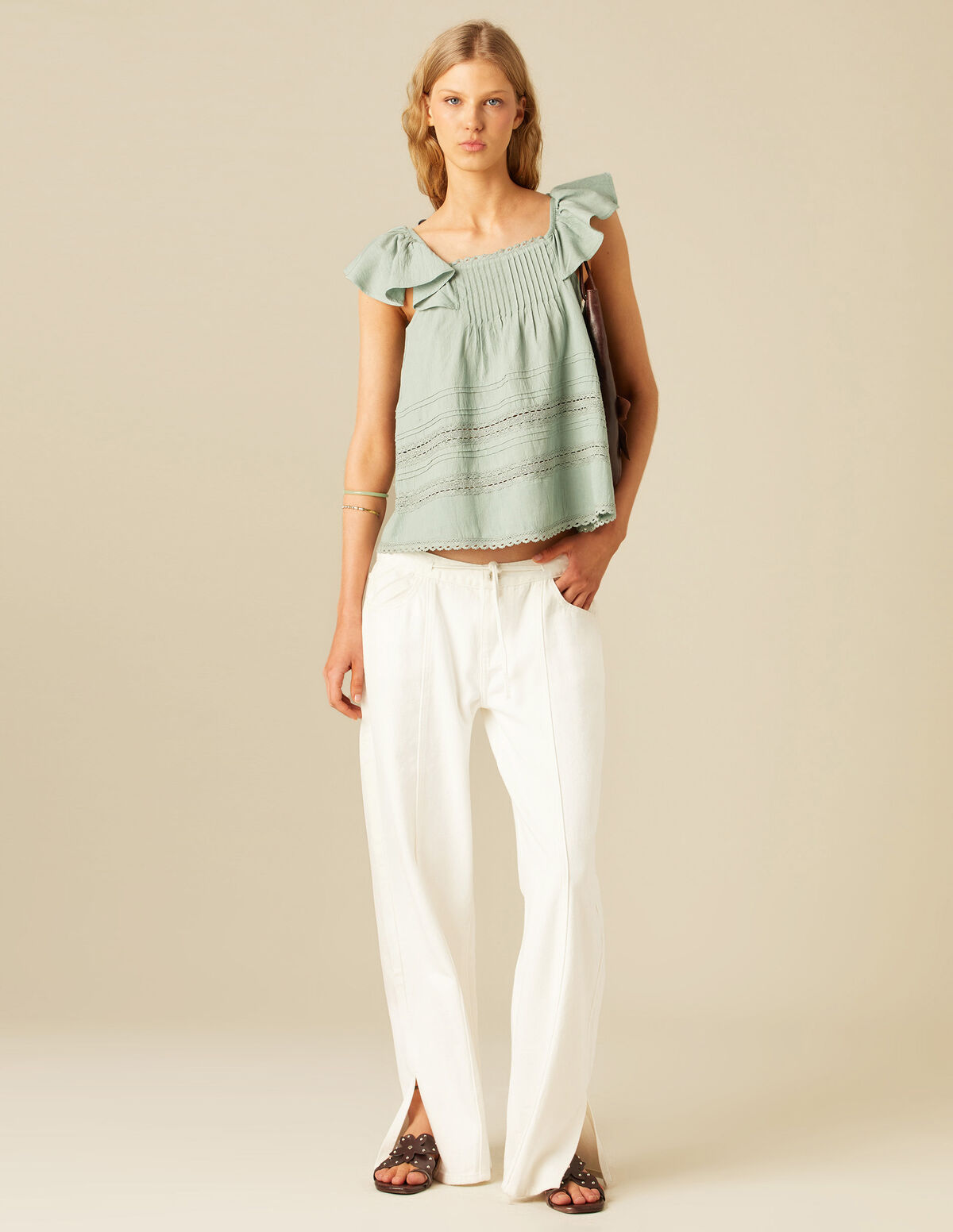 PANTALÓN BOLSILLOS PESPUNTES RAYAS AZUL