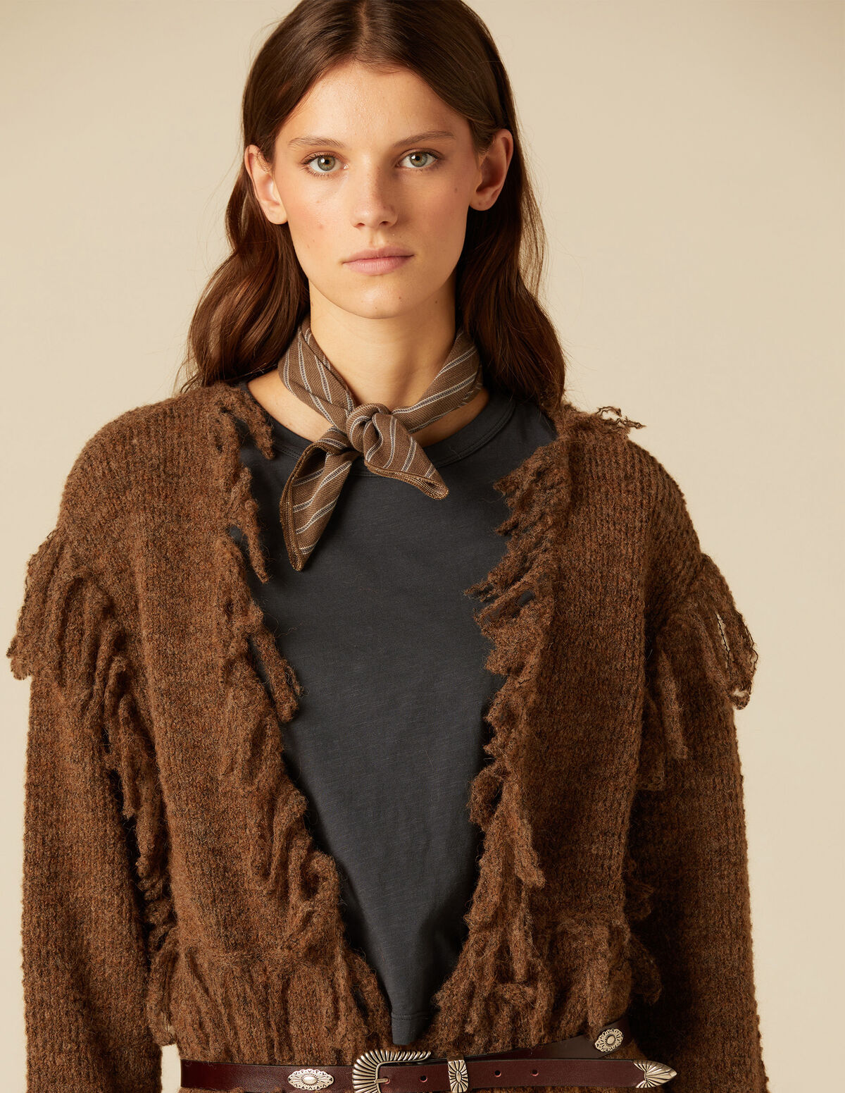 BROWN FRINGED CARDIGAN