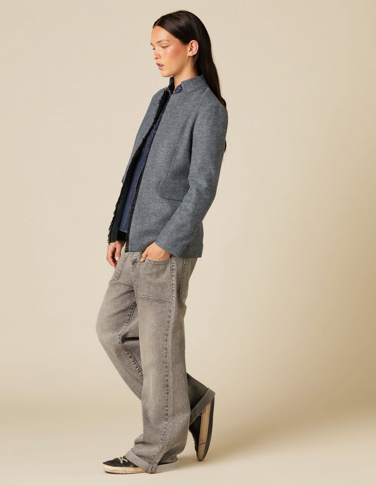 BLUE HERRINGBONE BLAZER