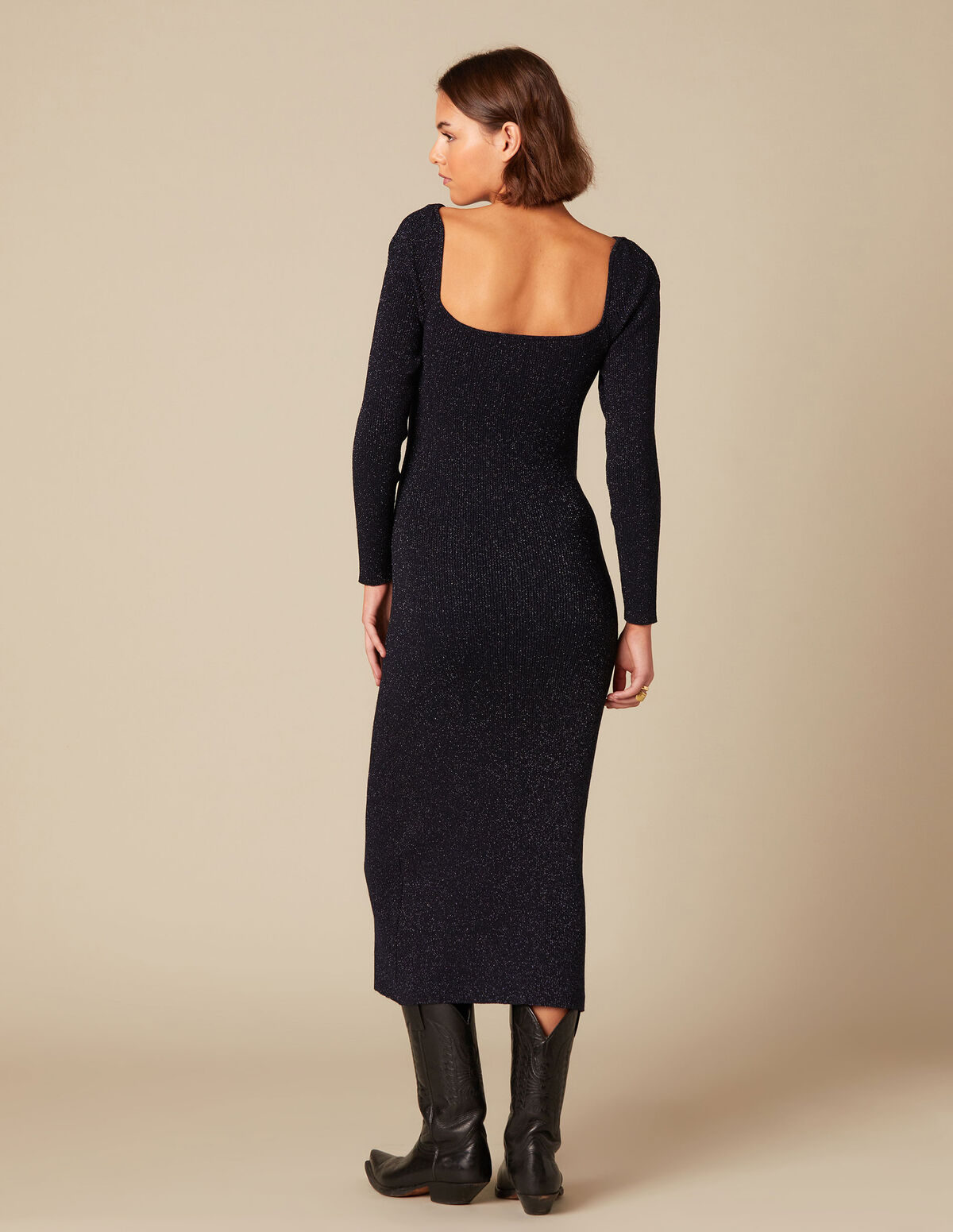 VESTIDO BRILLO AZUL BOTONES FLOR