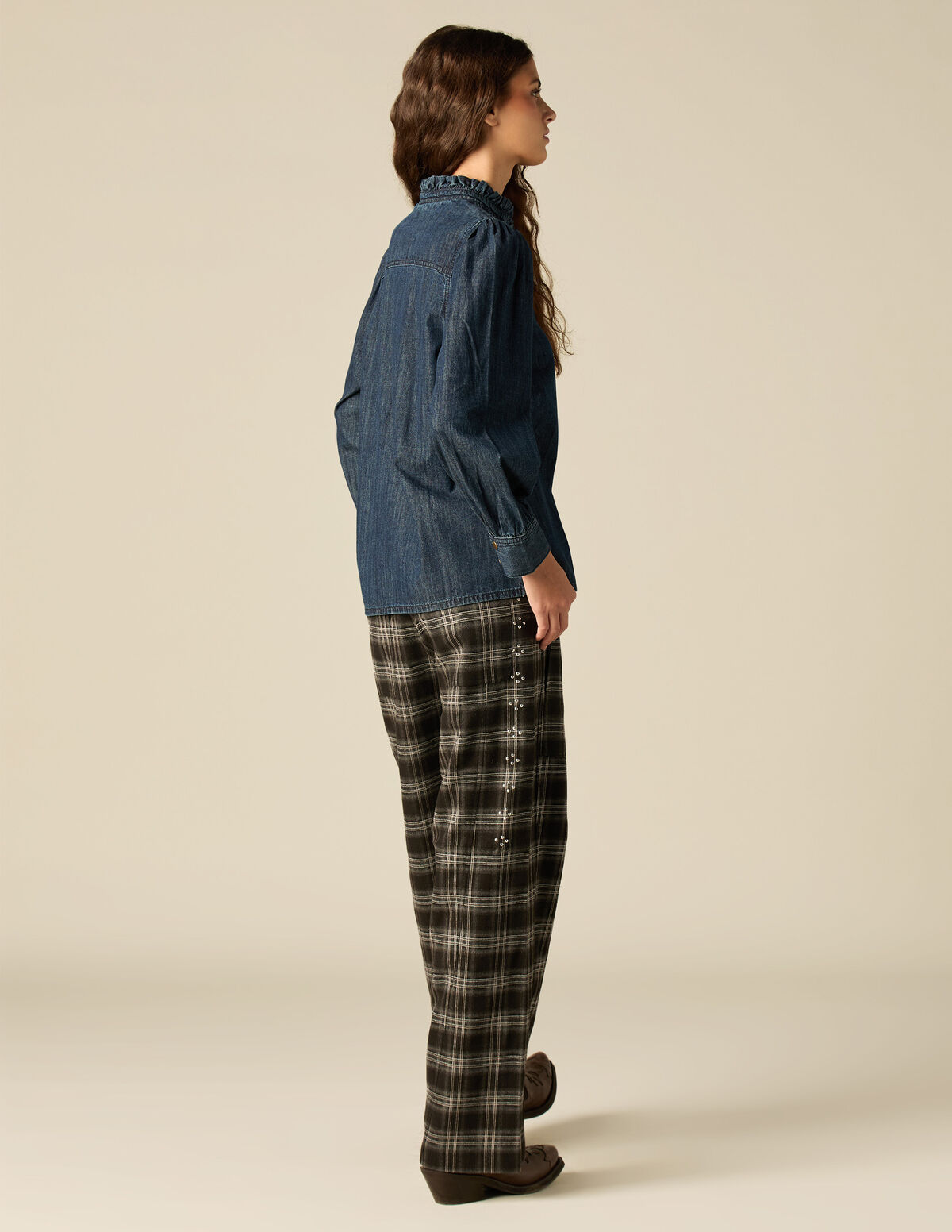 GREY CHECKED STUDDED TROUSERS