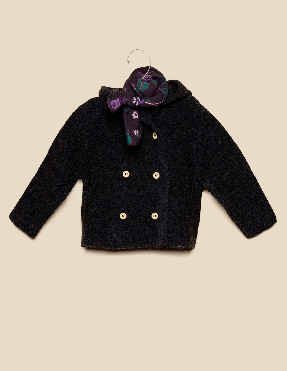 GREY HOODED KNIT COAT