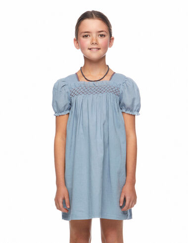 Blue smocked dress with maroon stitching - Dresses - Nícoli